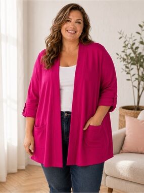 Rafaella Woman -  Fuchsia Pink Open Front Cardigan - Size 2X - 100% Cotton